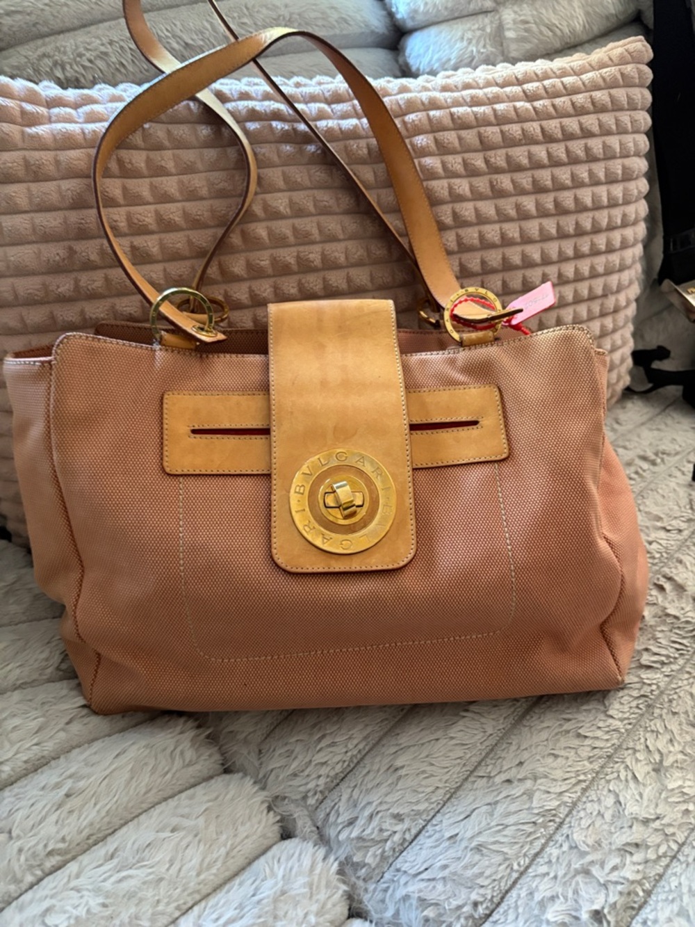 Bulgari Peach-Tan Canvas and Leather Shoulder Bag with Gold Hardware